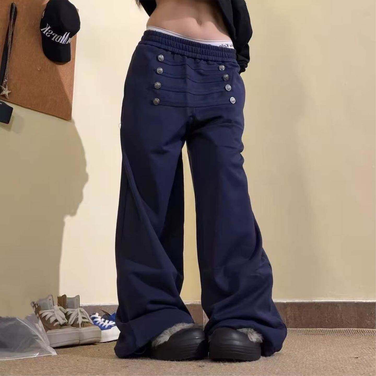 美式复古宫廷阔腿卫裤多排扣腰封松紧腰春夏宽松垂感男女同款