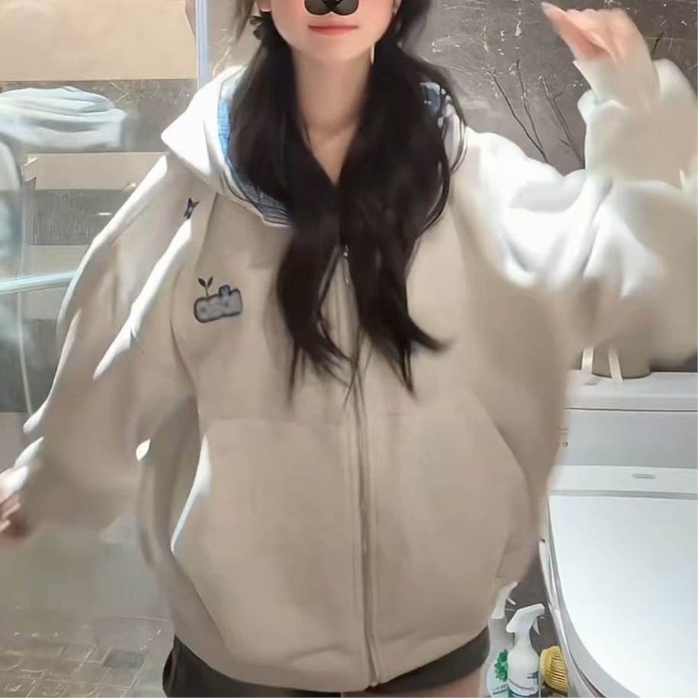 格子美式帽卫衣春夏拼接格纹新款宽松连帽开衫卫衣女慵懒休闲外套
