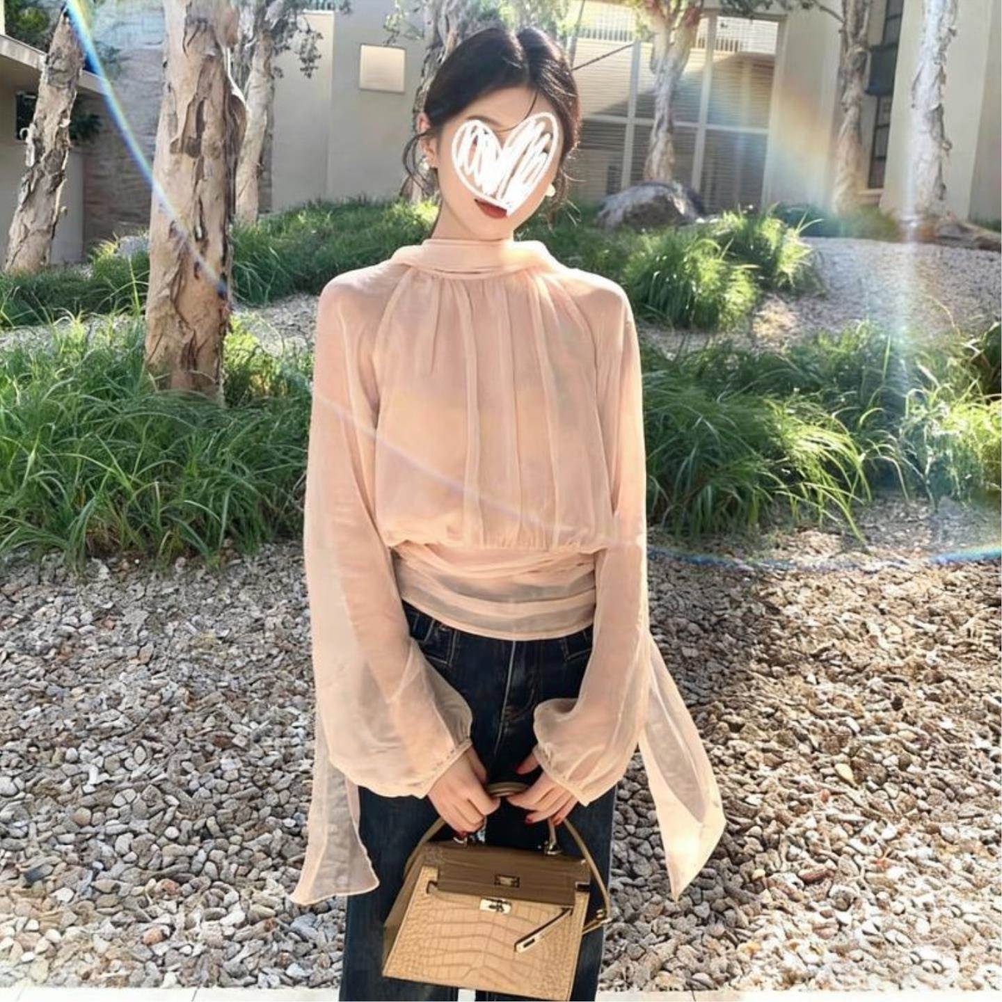 法式温柔风透视网纱披肩绑带衬衫女春夏新款收腰甜美上衣