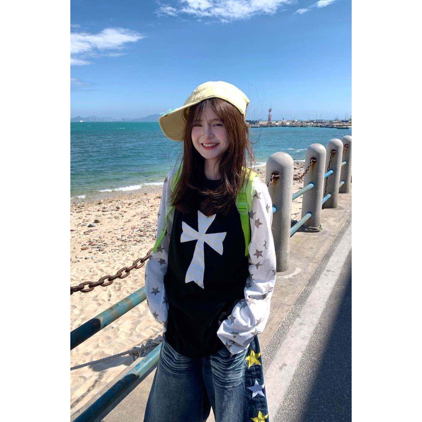 美式星星十字架印花长袖T恤女春夏季宽松慵懒薄款防晒上衣罩衫