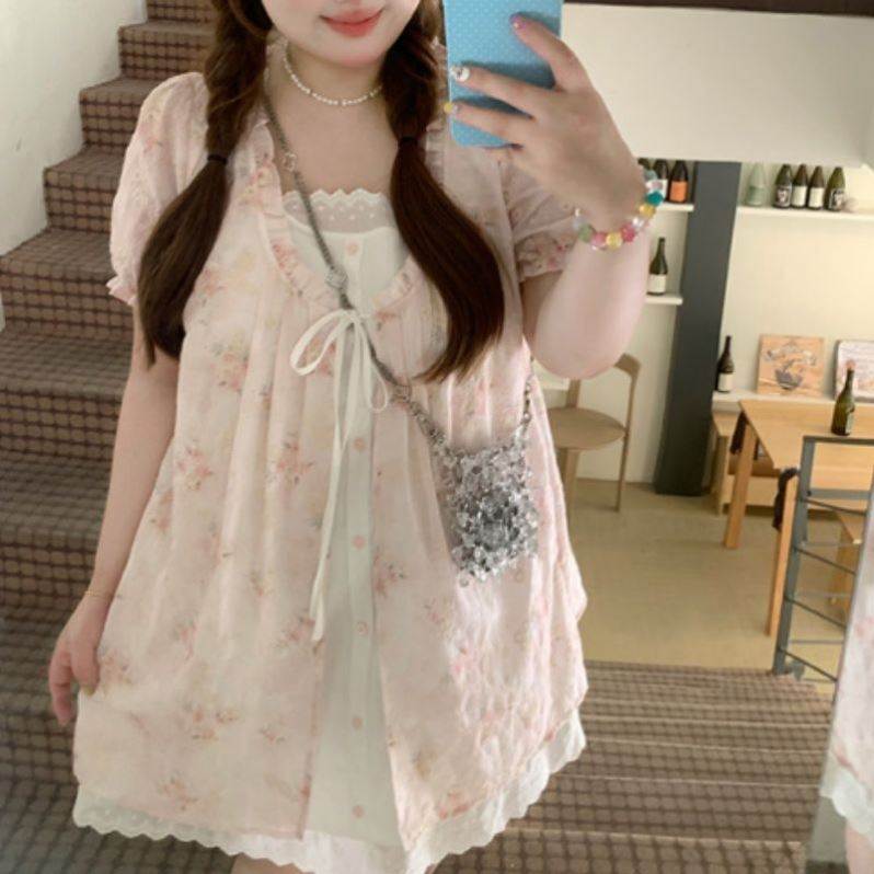 韩系甜美短袖连衣裙夏度假风短裙大码女装碎花气质裙子