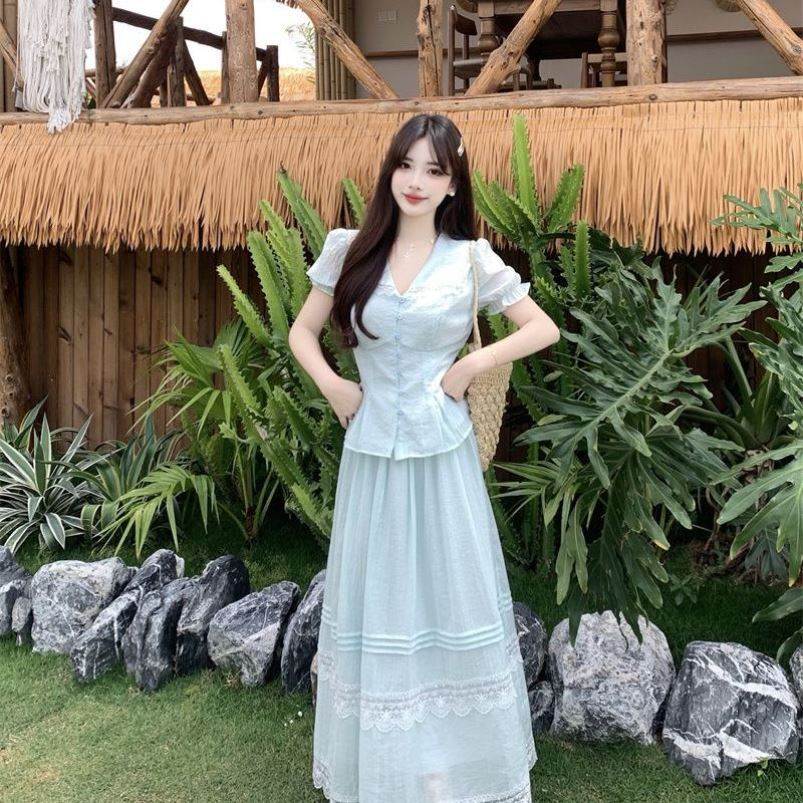 大码遮肉显瘦夏日穿搭套装女夏季花边短袖衬衫半裙大码减龄两件套