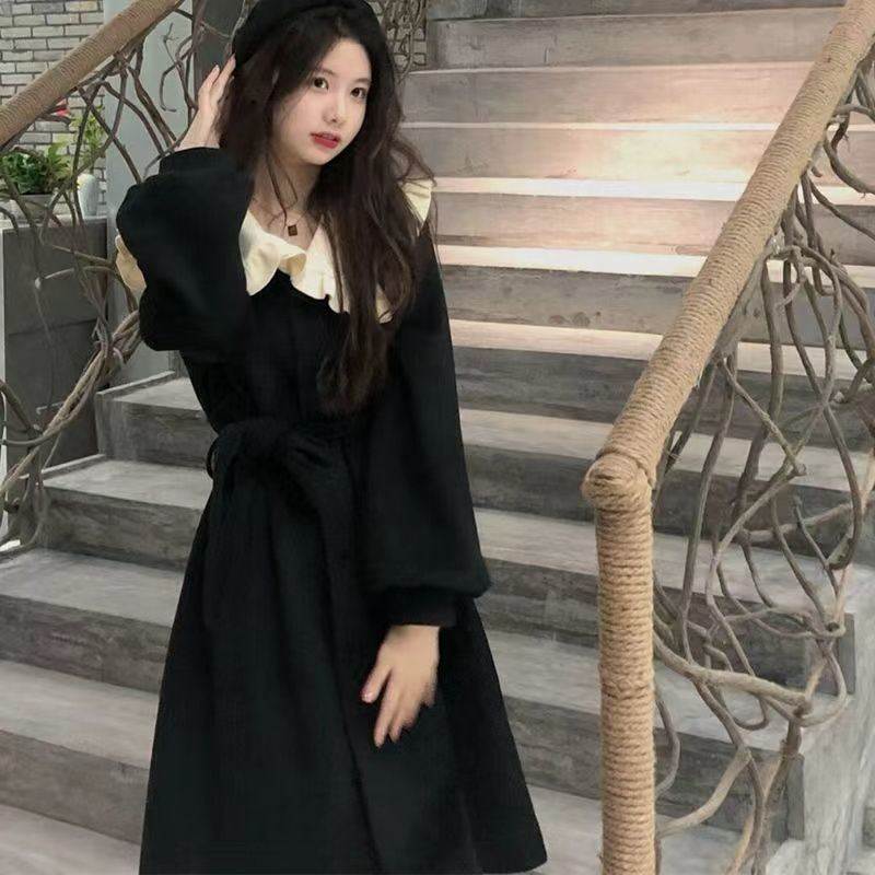 韩版女装早春秋新款黑色气质复古娃娃领连衣裙宽松显瘦系带裙子