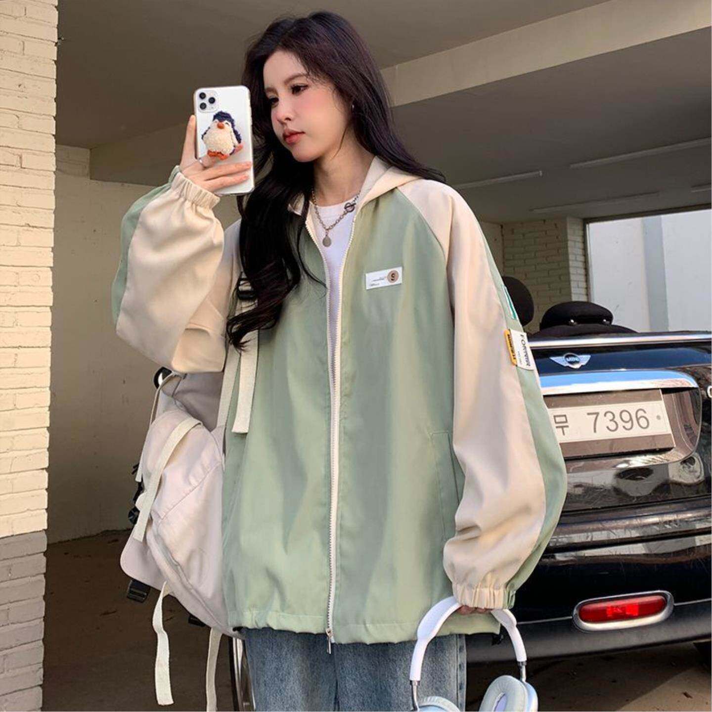 美式复古拼接连帽棒球服早秋季新款宽松韩版学生百搭潮牌外套子女
