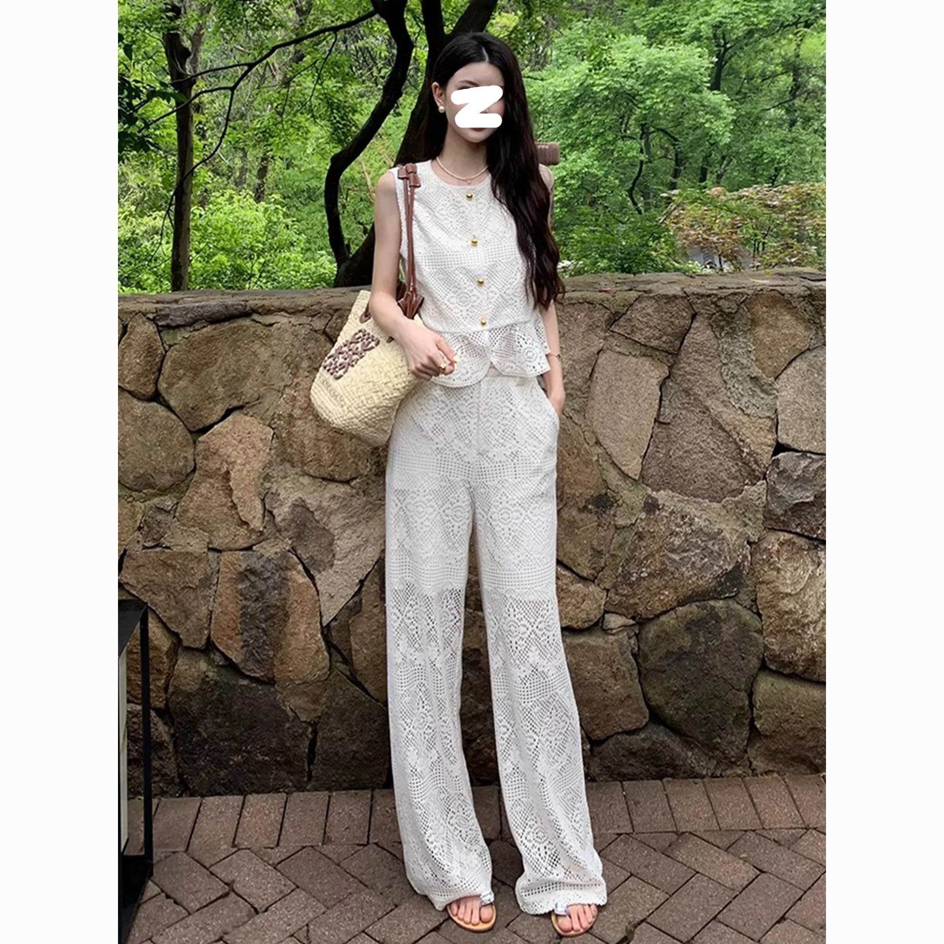 时尚香风蕾丝2026套装夏季新款高级镂空气质无袖上衣两件套
