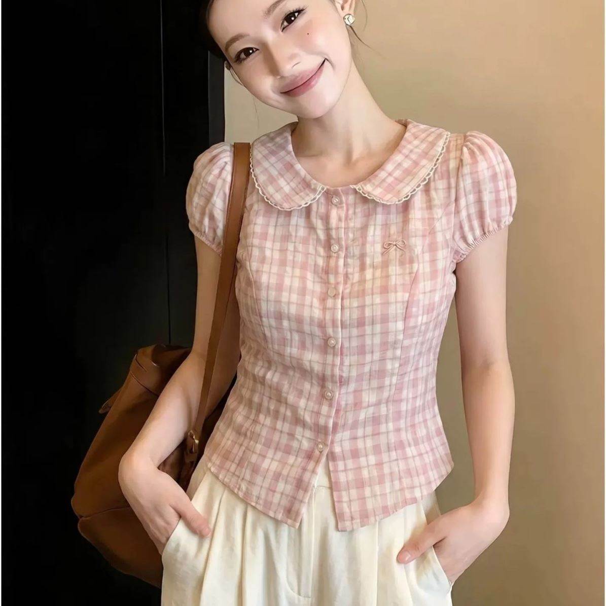 复古风蕾丝边娃娃领格子短袖衬衫女夏季修身设计感小众高级感上衣