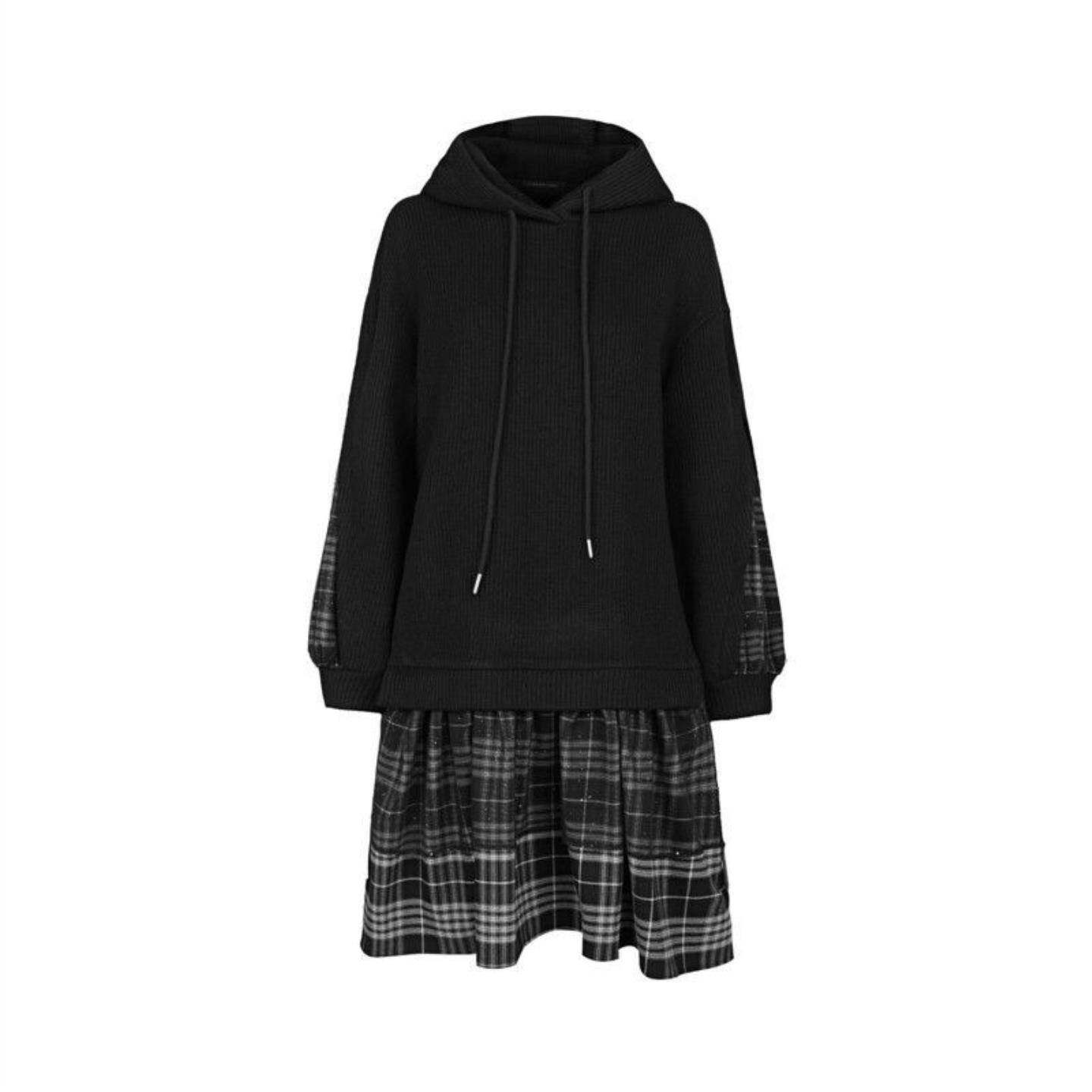 春夏女装连帽撞色格纹网纱卫衣连衣裙
