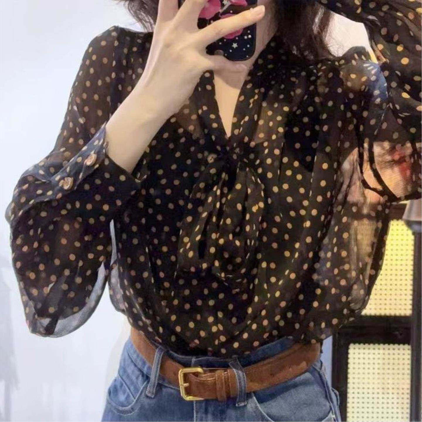 复古V领波点雪纺长袖衬衫女春秋薄款宽松设计感小众飘带微透上衣