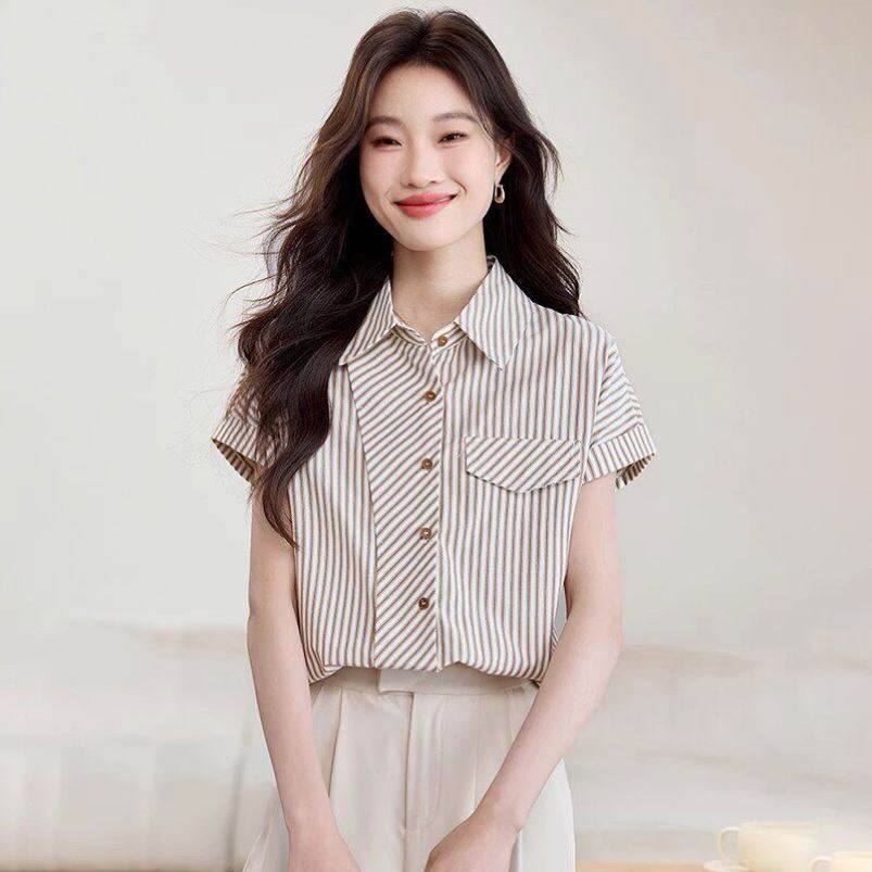 法式设计感短袖条纹翻领衬衫女士短袖衬衫小衫