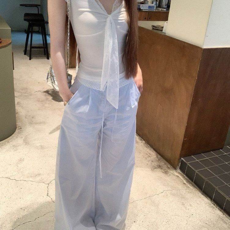 蓝色条纹高腰阔腿裤女夏季2026新款百搭显瘦慵懒风蕾丝拼接休闲裤
