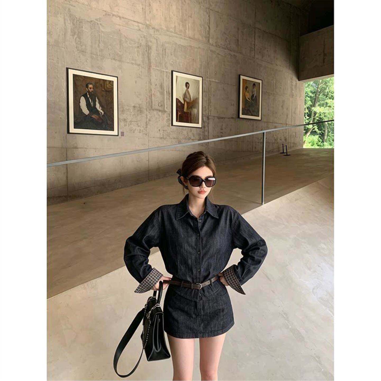 高级感牛仔套装女秋季宽松撞色格纹翻领衬衫高腰辣妹短裙两件套女