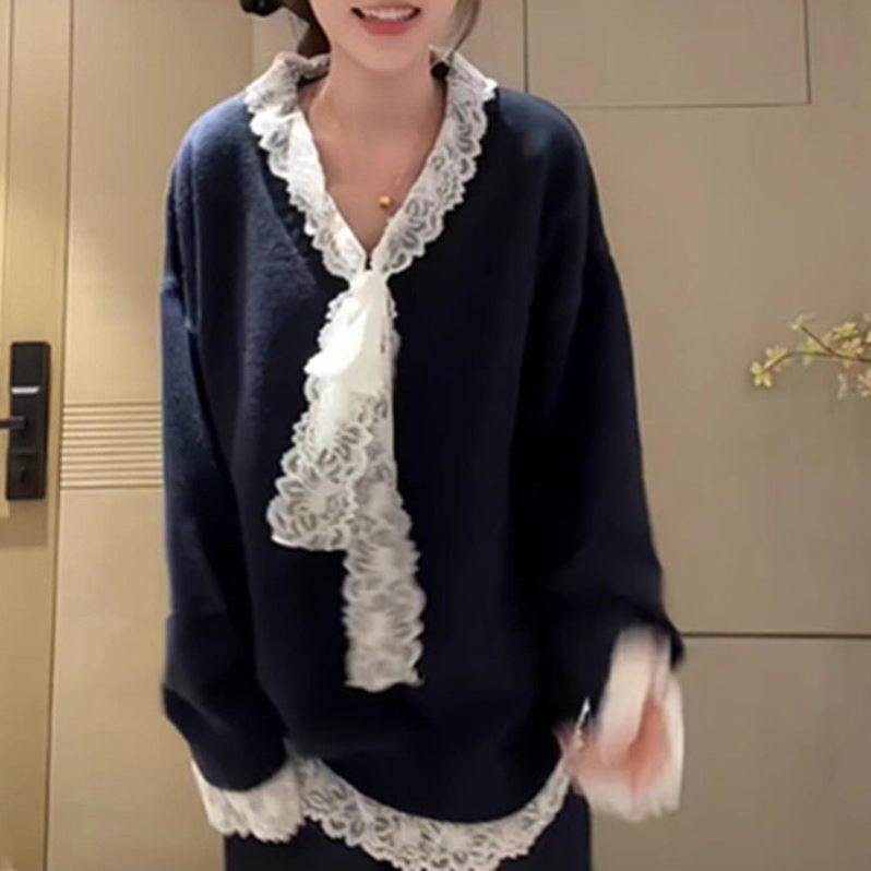 蕾丝蝴蝶结拼接宽松长袖毛衣女装秋冬慵懒风针织衫中长款上衣