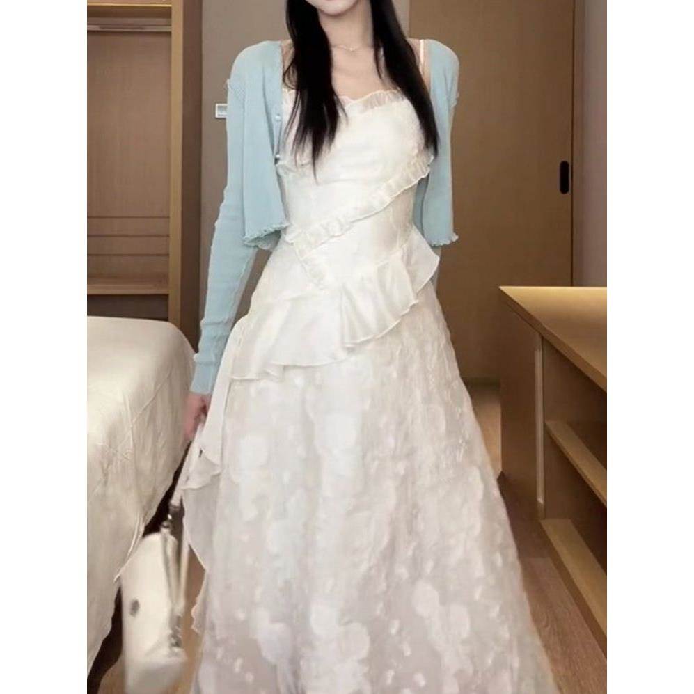 韩系设计感不对称甜美法式收腰显瘦仙女吊带连衣裙子开衫两件套女