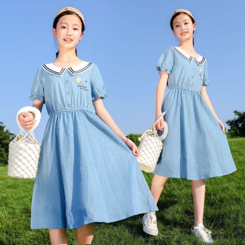 少女连衣裙2026新款夏装女孩洋气大童学院风牛仔裙