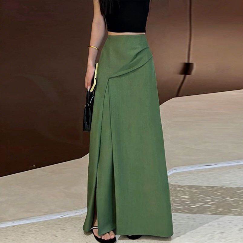绿色不规则开叉半身裙2026春夏高腰垂感显瘦气质A字长裙女西装裙