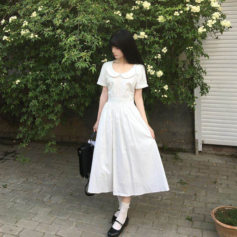 韩系清纯少女风娃娃领减龄设计感收腰连衣裙温柔森系系带拼接裙子