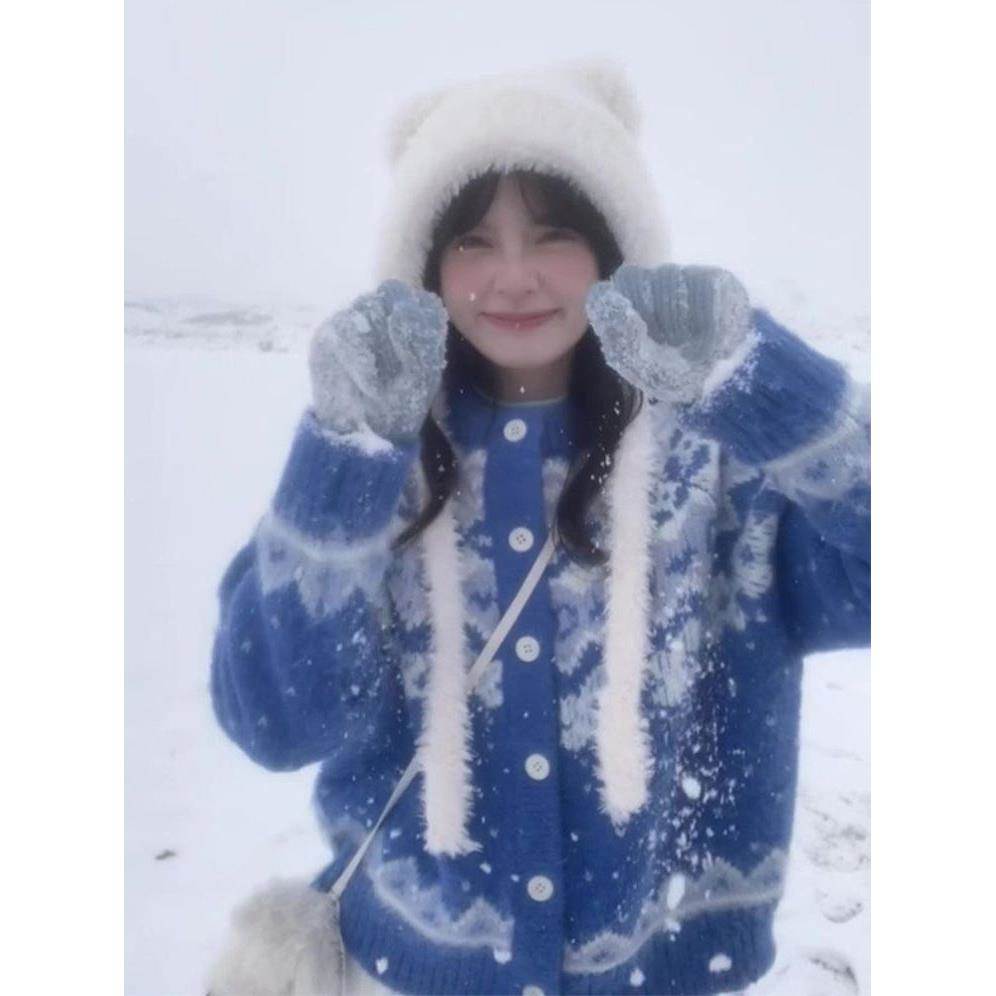 费尔岛蓝色提花毛衣开衫外套女秋秋季慵懒风加厚奶呼呼针织衫上衣