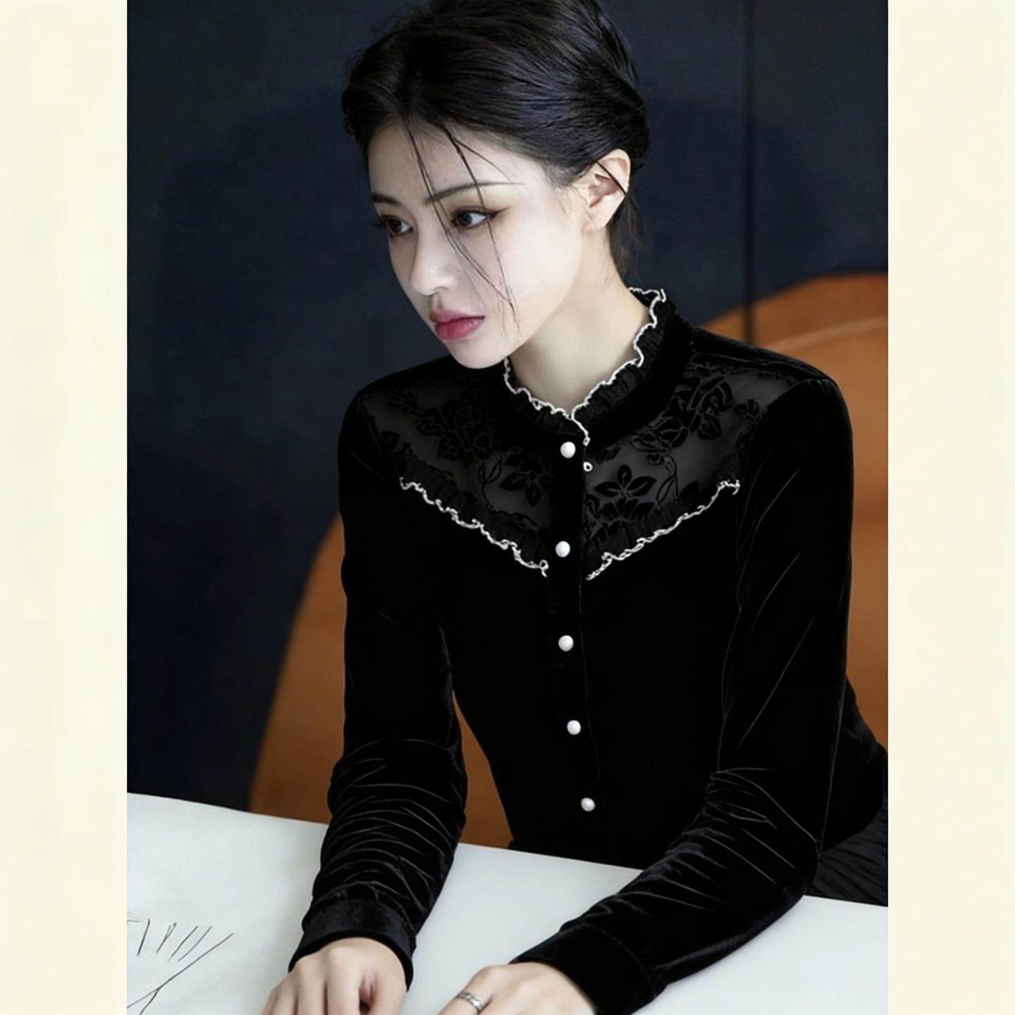 国风蕾丝衬衫洋气独特漂亮设计感小众不撞款黑色金丝绒上衣女