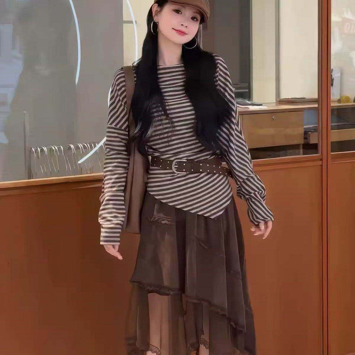 2026春春季美拉德气质套装女条纹绑带T恤不规则半身裙显瘦两件套