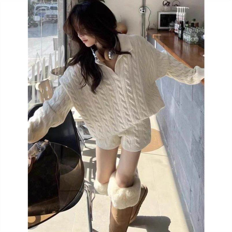 韩系领麻花毛衣短裤两件套女冬针织上衣