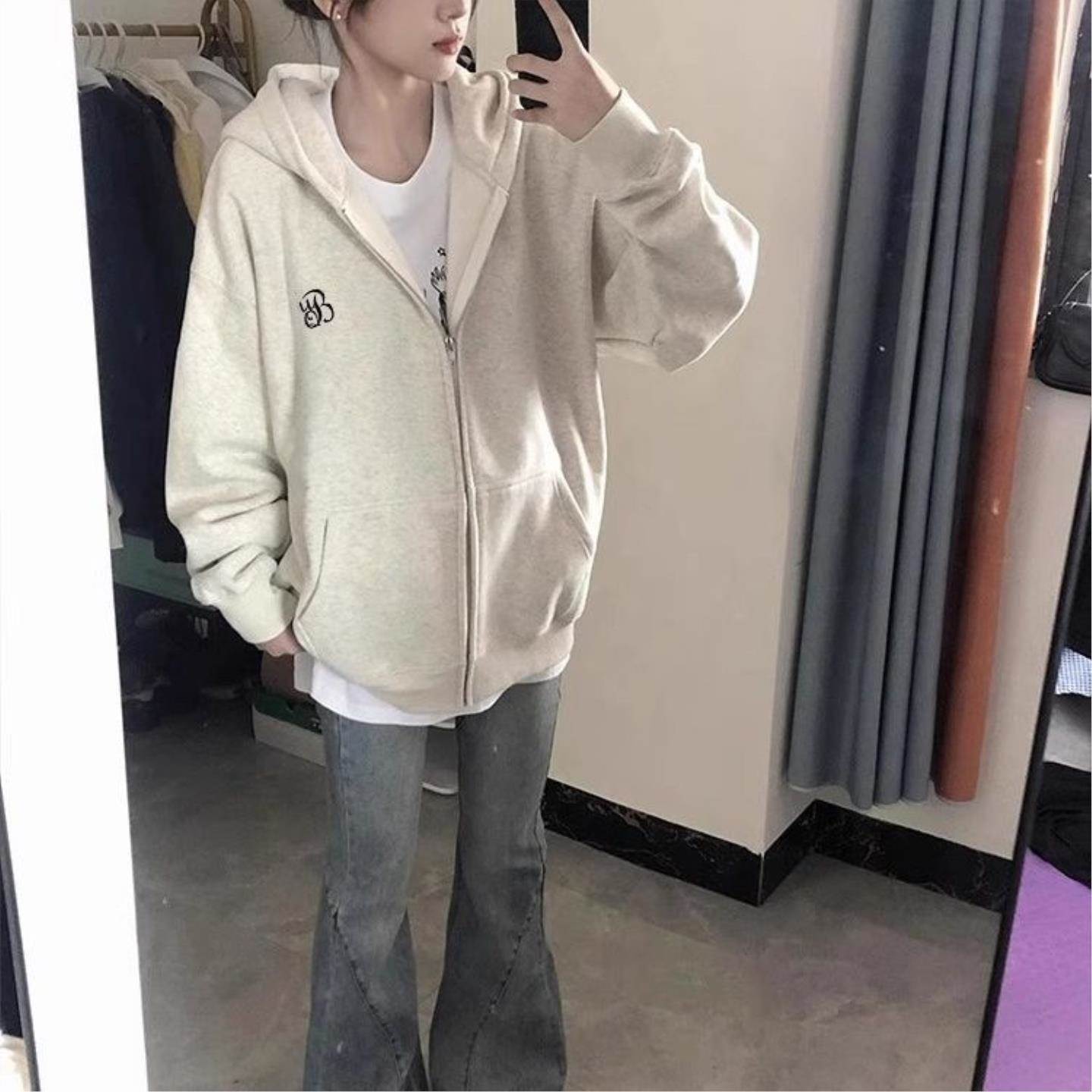 棉复古宽松休闲连帽卫衣女春夏新款国潮牌oversize拉链帽衫外套