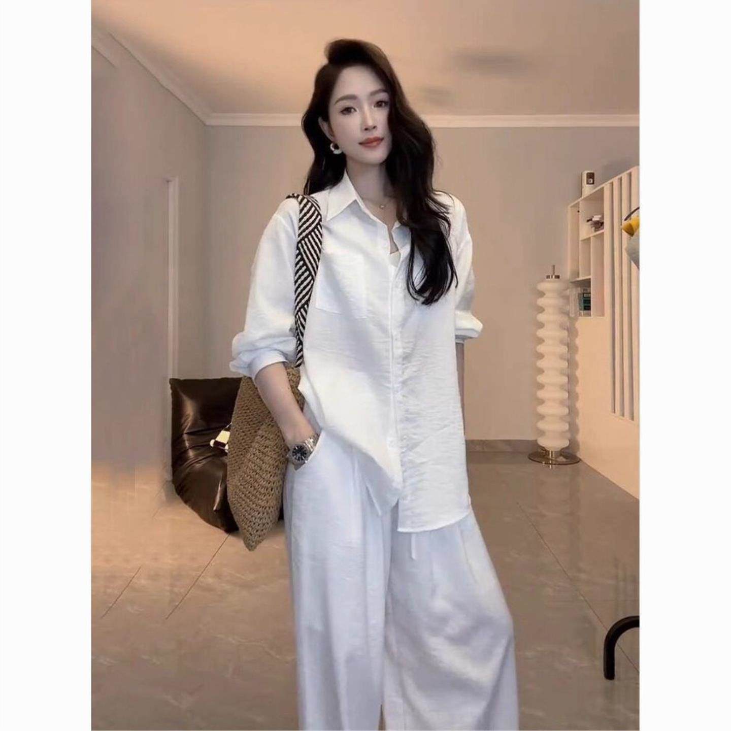 白色亚麻衬衫女套装夏季老钱风宽松穿搭百搭防晒衬衣阔腿裤两件套