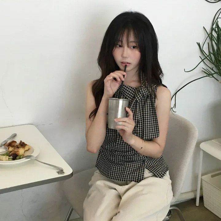 韩系复古系带格纹无袖收腰衬衫女夏季显瘦设计感修身挂脖气质上衣