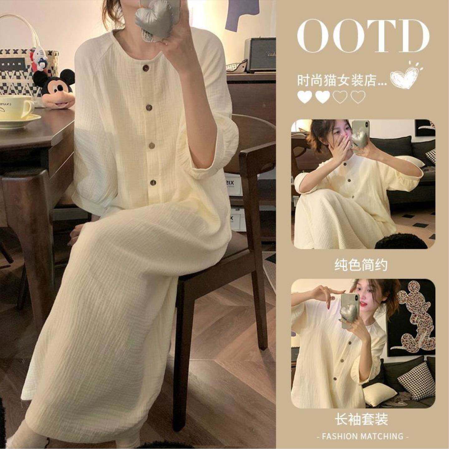 韩版纯色高级感双层棉纱长袖睡衣女春秋款2026新款棉家居服睡裙