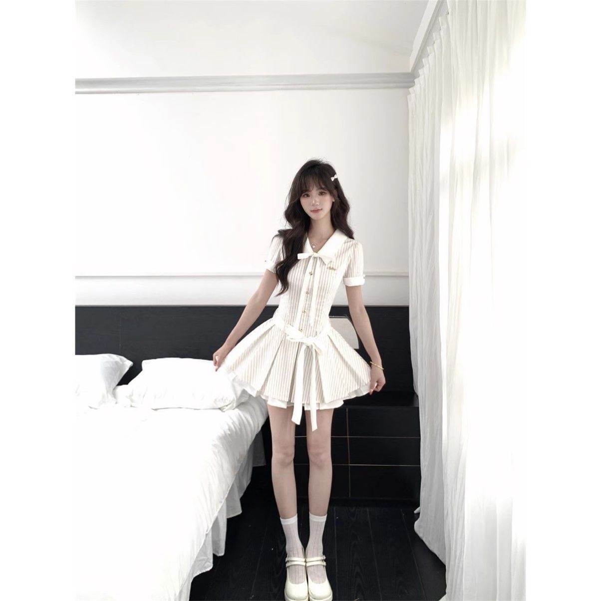 系带蝴蝶结条纹裙女2026夏季新款温柔风韩系连衣裙中裙裙子