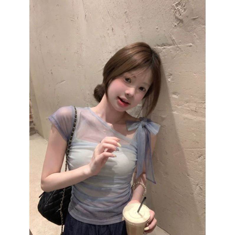 韩系chic甜美晕染斜肩蝴蝶结T恤女设计感收腰显瘦露肩假两件上衣