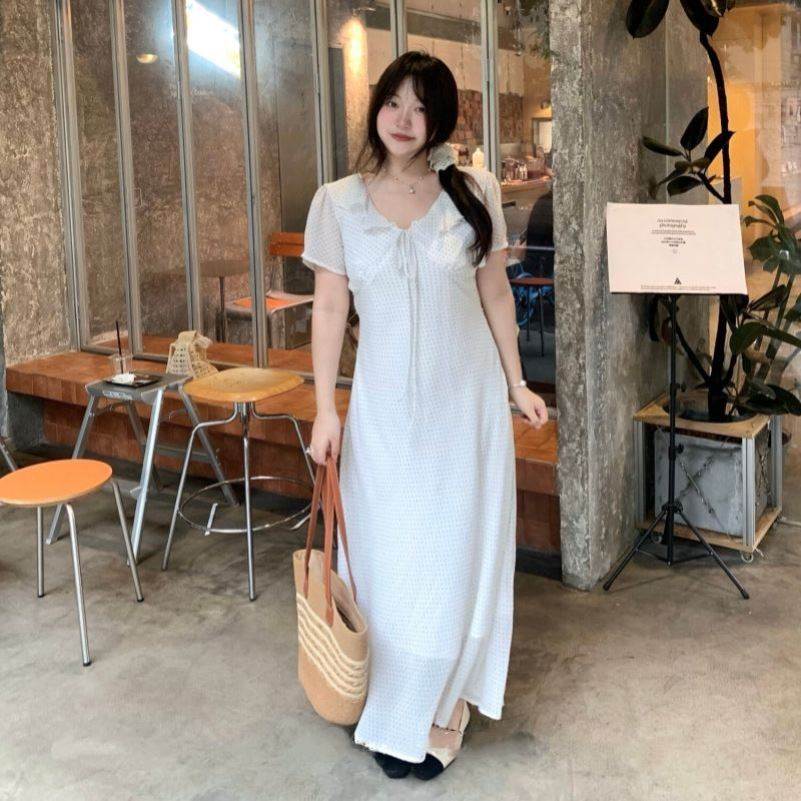 大码胖mm法式V领波点超仙气质连衣裙女夏季新款收腰显瘦长裙子