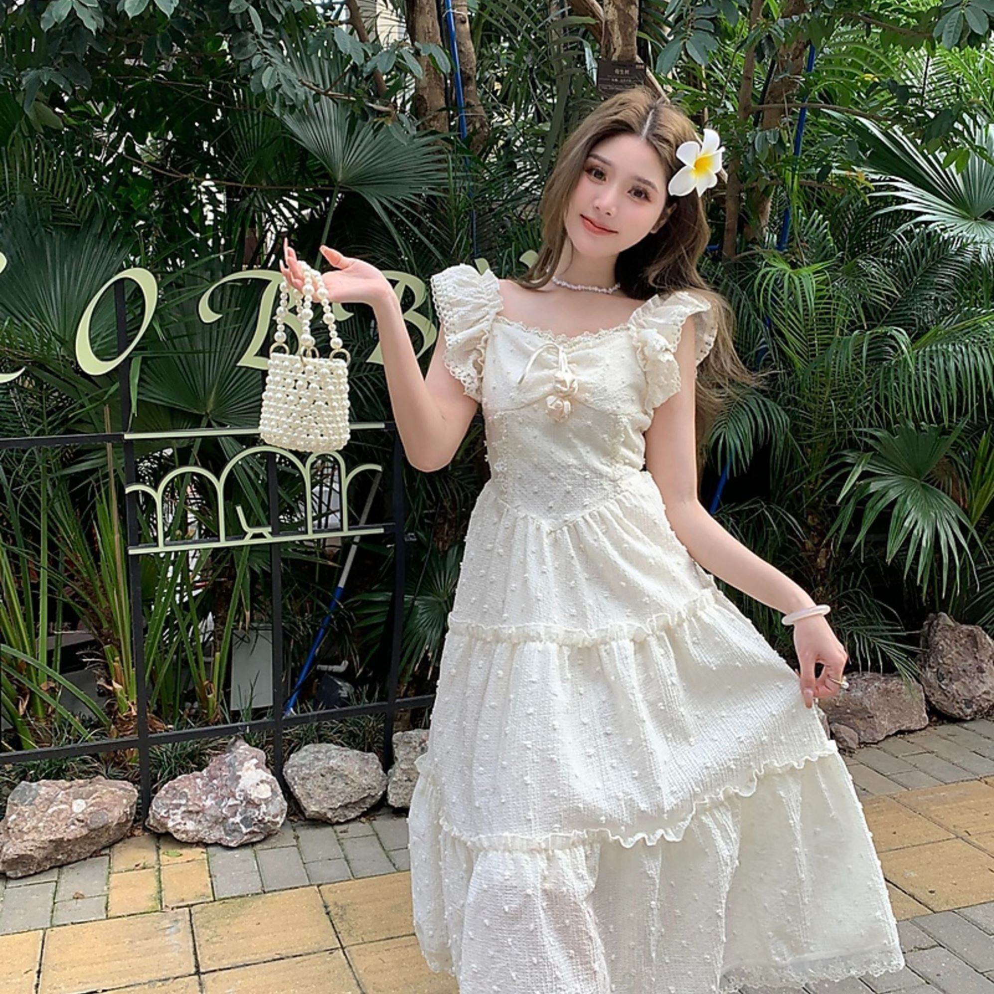 温柔风杏色蕾丝花边吊带连衣裙女夏季修身收腰A字裙子甜美风长裙