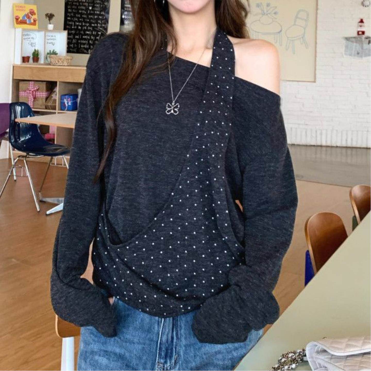 法式设计感小众波点长袖T恤新款宽松韩系感露肩显瘦高级别致上衣
