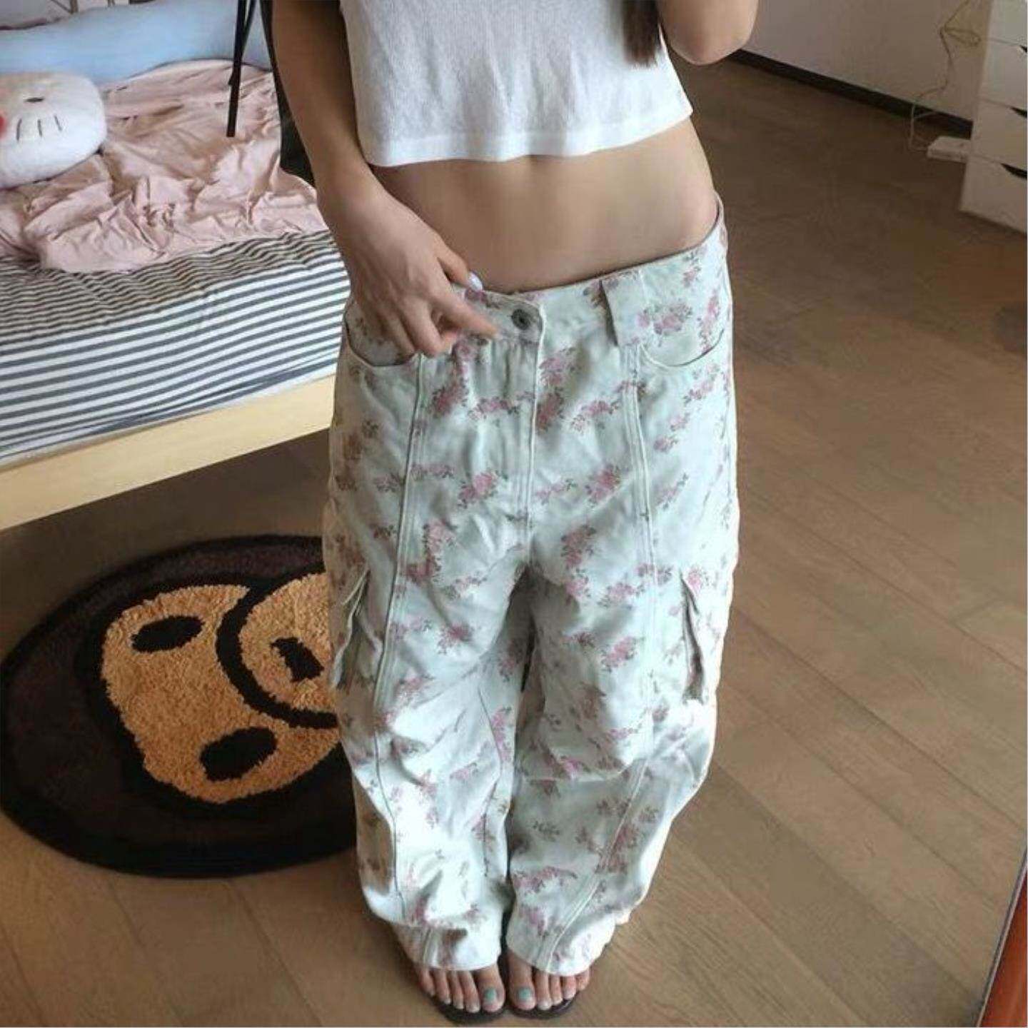 美式vibe大码水洗碎花满印工装牛仔裤女街头直筒宽松显瘦阔腿长裤