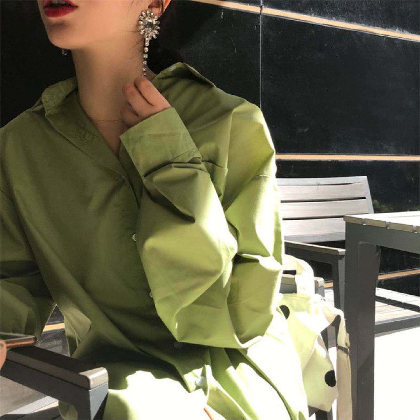 牛油果绿色衬衫女春秋夏季新款薄款宽松大码长袖上衣薄荷防晒衬衣