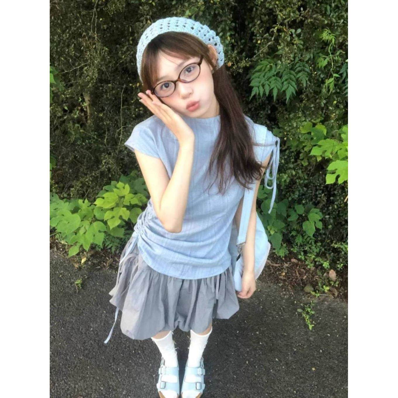 复古辣妹chic套装女夏季新款抽绳落肩上衣褶皱半身裙小个子一整套