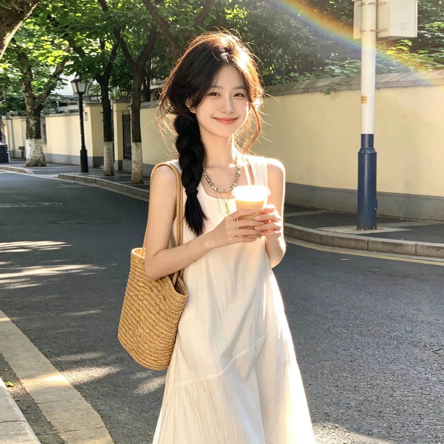 休闲新款巨好看夏季夏日长裙子法式温柔风连衣裙女白色气质背心裙