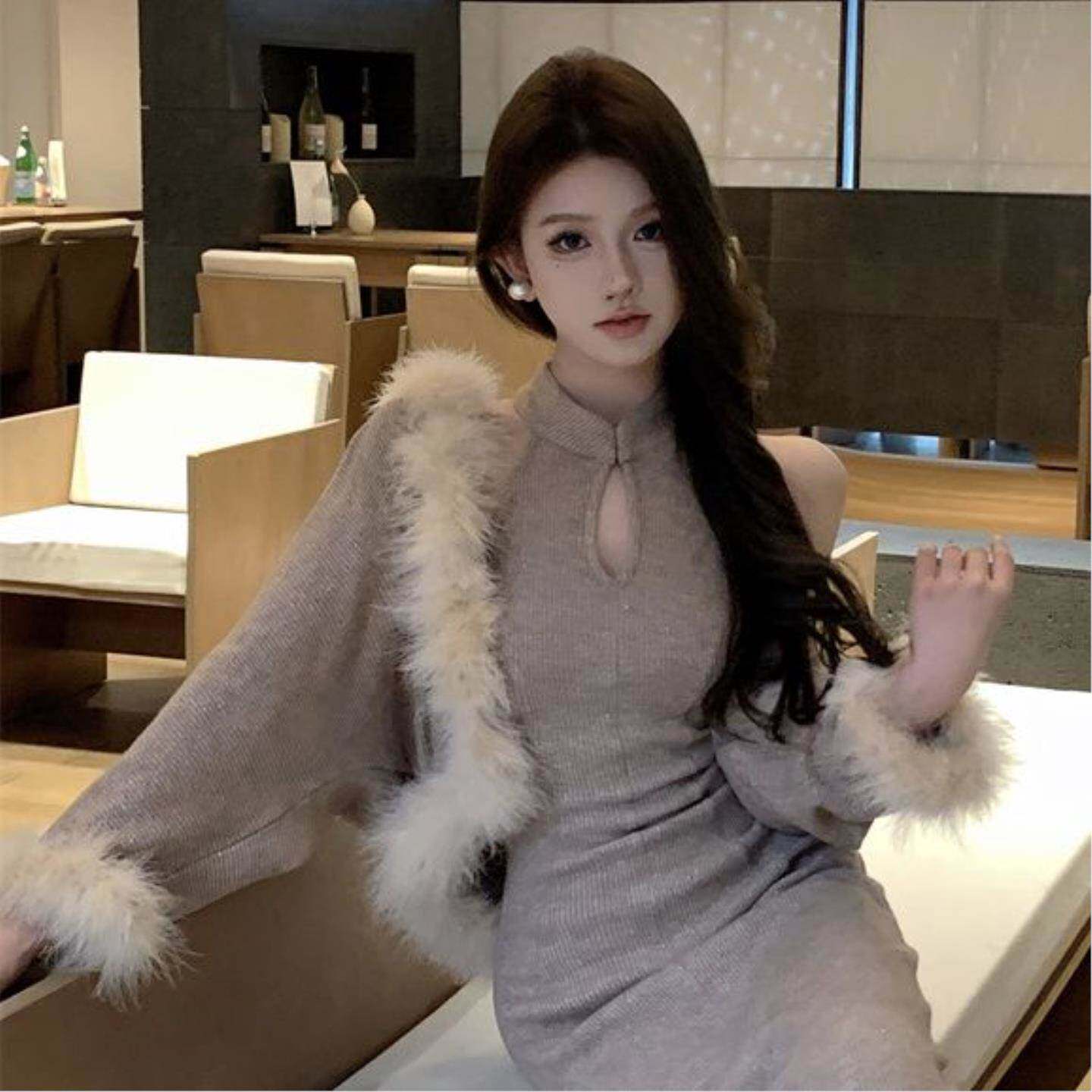 纯欲风套装复古拼接毛毛针织披肩外套女秋春季气质挂脖收腰包臀裙