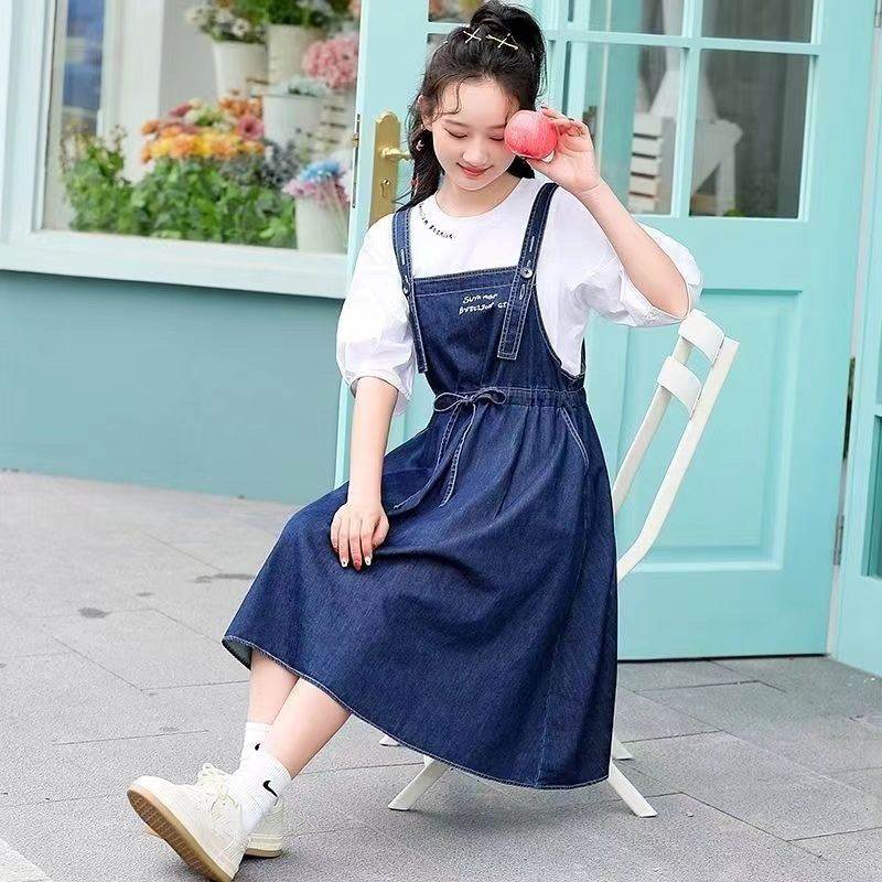 2026春季新款少女大童夏装牛仔连衣裙两件套高初中学生背带裙套装