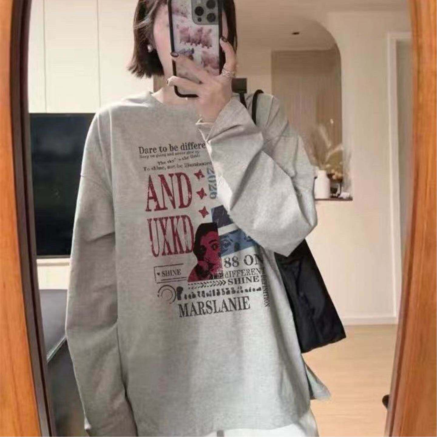 美式复古灰色长袖T恤女秋季设计感小众潮牌长袖学生宽松上衣