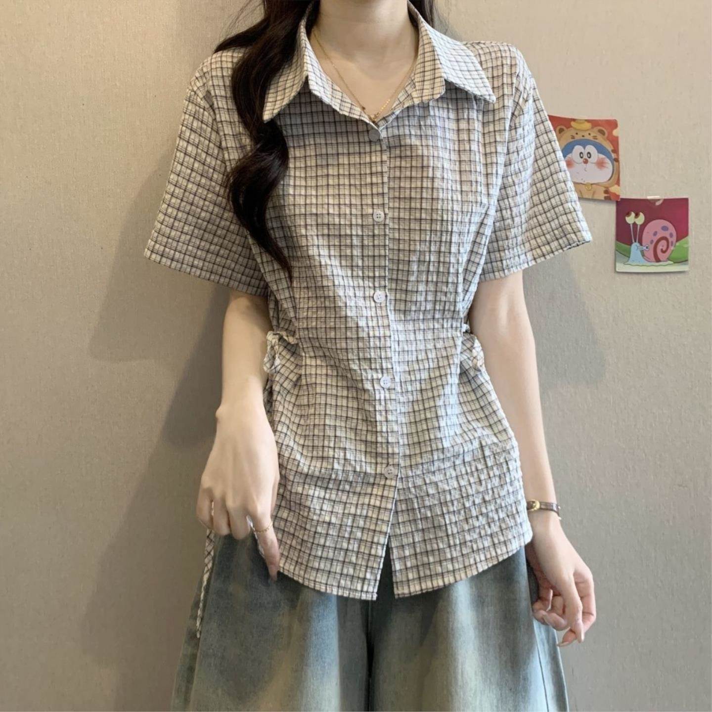 韩版polo领短袖衬衫格纹设计感秋季系带收腰显瘦上衣小清新chic