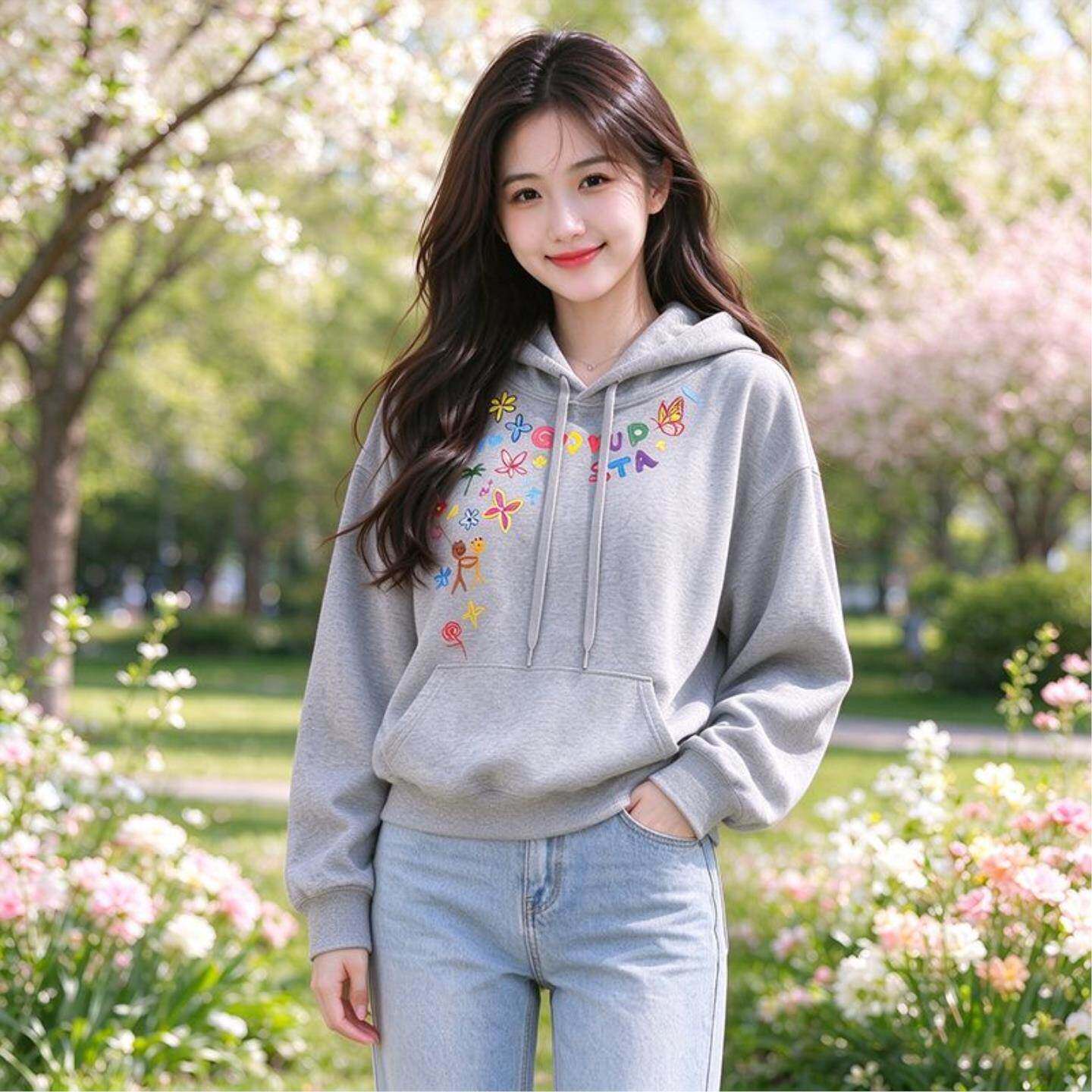 灰色连帽卫衣女春秋款短款小个子可爱2026新款加厚套头外套宽松版