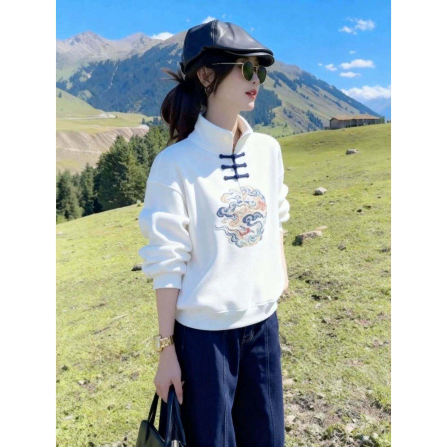 新中式国风复古印花立领盘扣卫衣女秋春季新款宽松加绒巨好看上衣