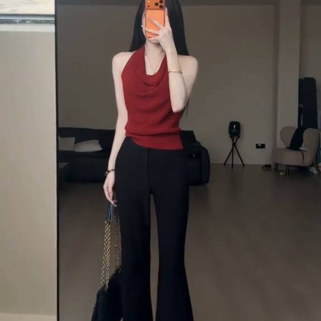 显瘦气质红色挂脖针织上衣搭配高腰阔腿裤通勤休闲两件套