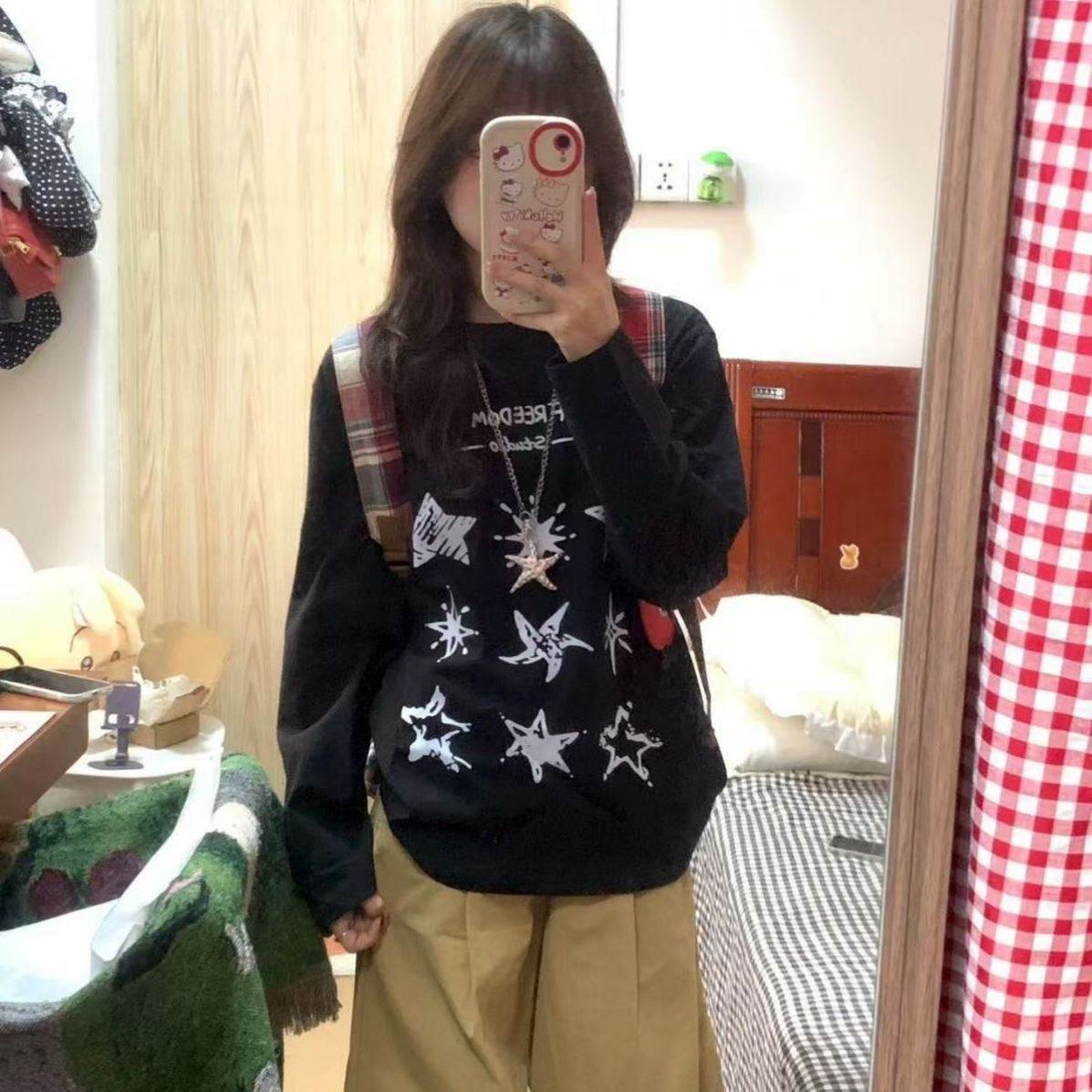 美式手绘星星重磅图案纯棉新款秋冬印花长袖宽松T恤慵懒打底上衣