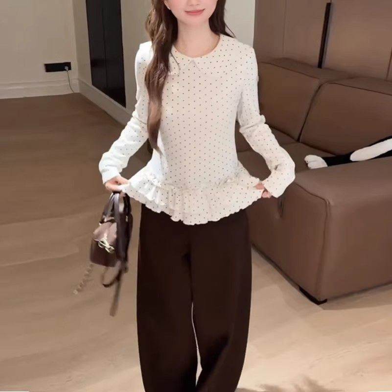韩系甜美波点荷叶边长袖t恤女春秋娃娃领内搭打底衫巨好看上衣服