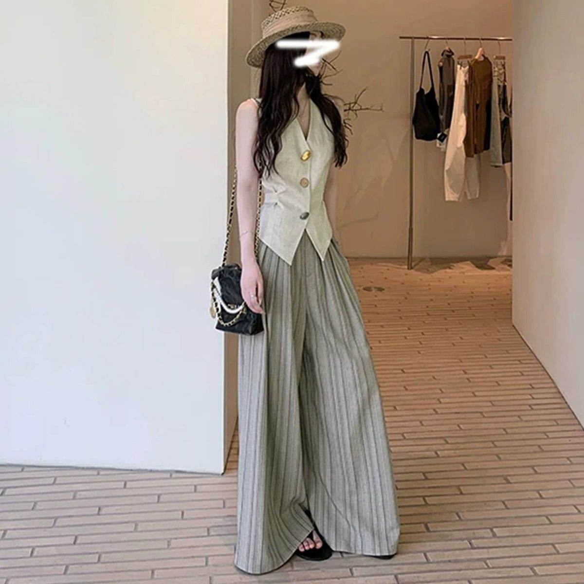 时尚套装女2026夏季新款V领马甲背心条纹褶皱设计垂感休闲裤套装