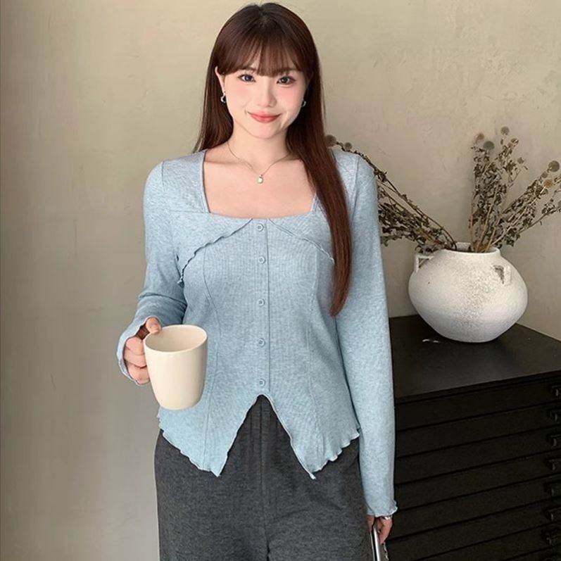 T恤女秋季新款长袖胖mm打底衫正肩不规则方领甜美显瘦大码上衣