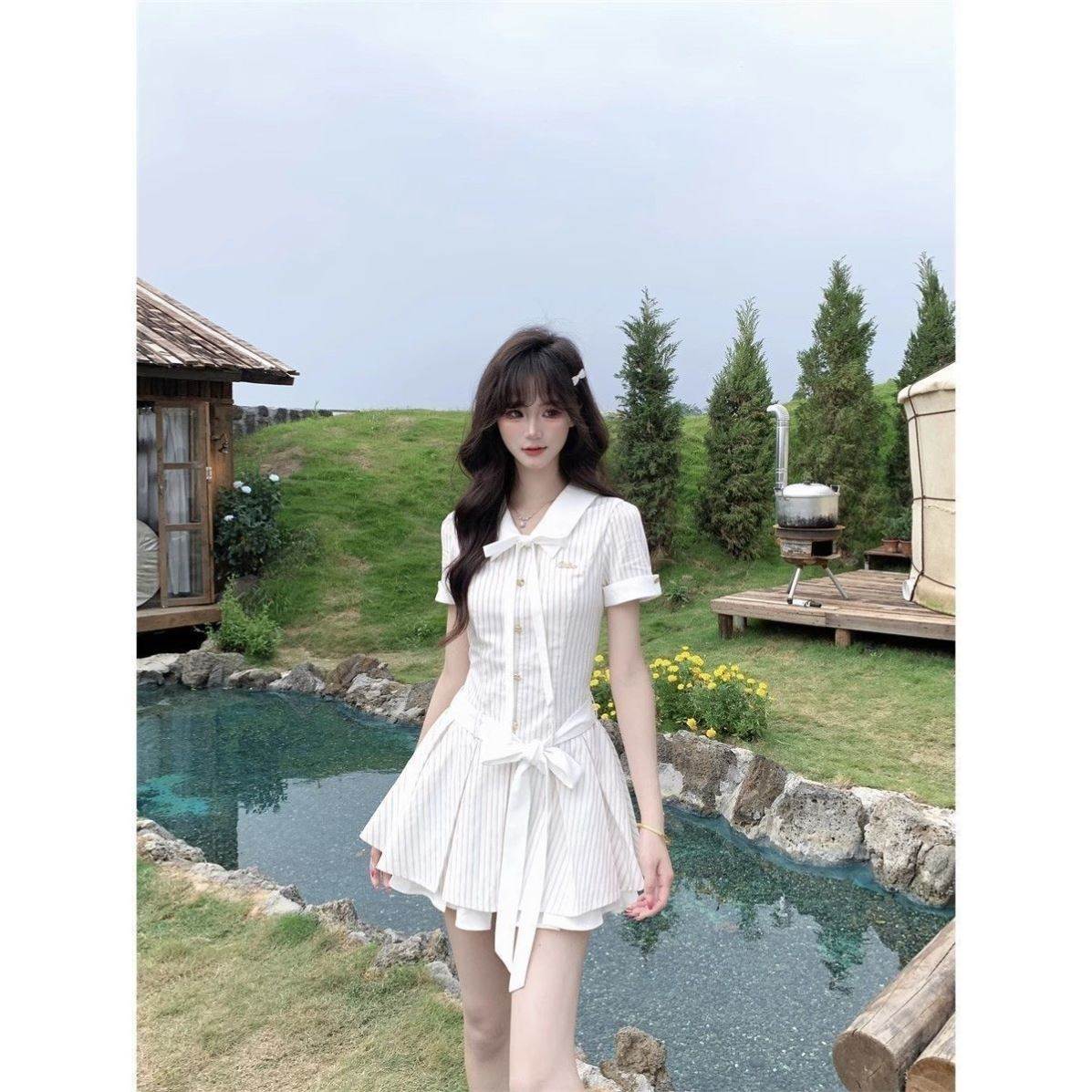 温柔系带设计仙女连衣裙绑带夏季连衣裙夏季裙子收腰小白夏天精致