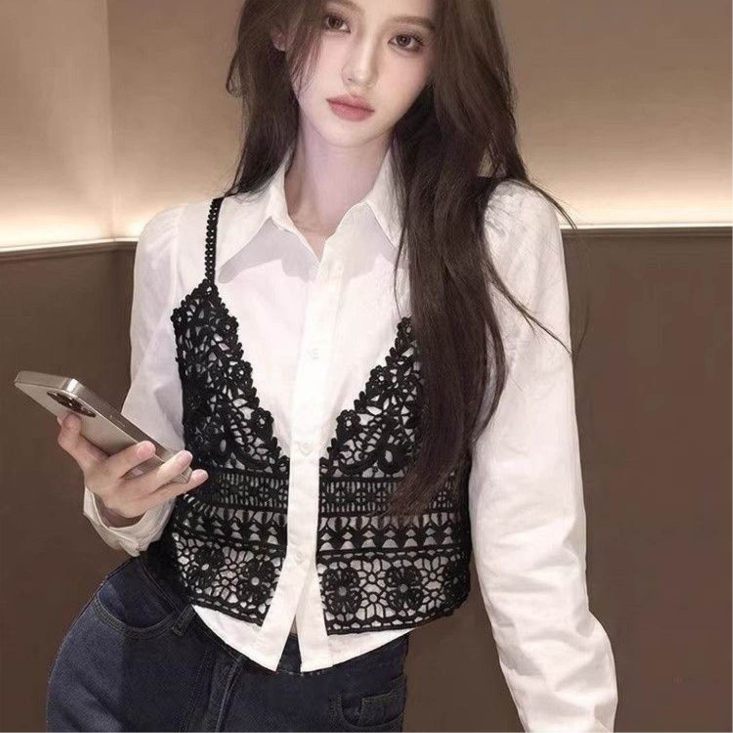 韩版蕾丝拼接假两件长袖衬衫女2026春季新款高端白色宽松显瘦上衣